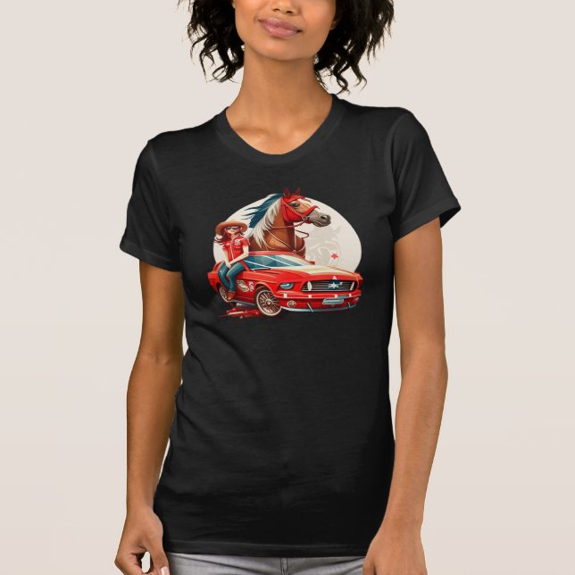 Cowgirl With Mustang Car Horse T-Shirt (Front)