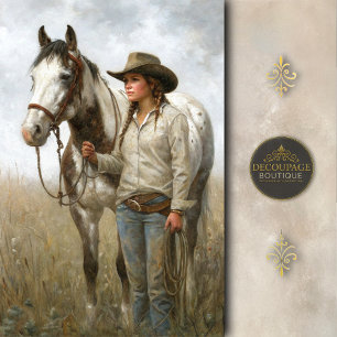 Cowgirl With Spotted Horse In Field Decoupage Tissue Paper