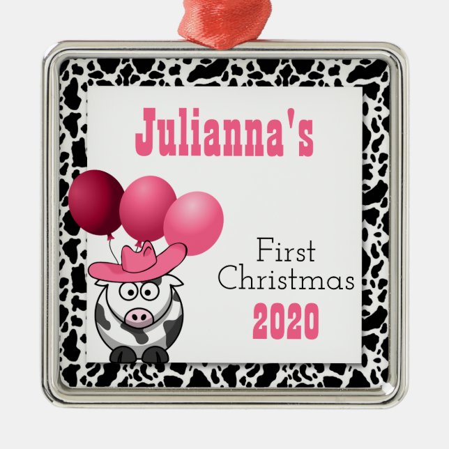 Cowgirl's 1st Christmas with Name Metal Tree Decoration (Front)