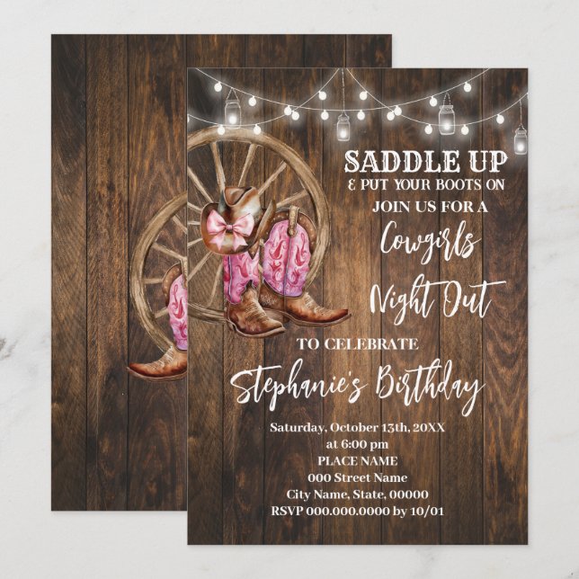 Cowgirls Night Out Pink Western Country Birthday Invitation (Front/Back)