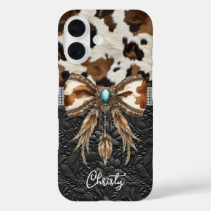 Cowhide Black Leather Jewel Bow iPhone 16 Case