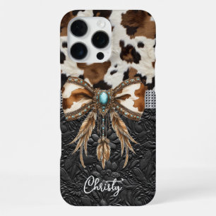 Cowhide Black Leather Jewel Bow iPhone 16 Pro Max Case