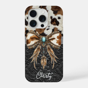 Cowhide Black Leather Jewel Bow iPhone 15 Pro Case