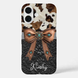 Cowhide Black Leather Jewelled Bow iPhone 16 Case