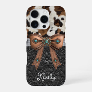 Cowhide Black Leather Jewelled Bow iPhone 16 Pro Case