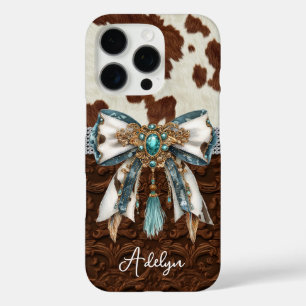 Cowhide Brown Leather Jewelled Bow iPhone 16 Pro Case