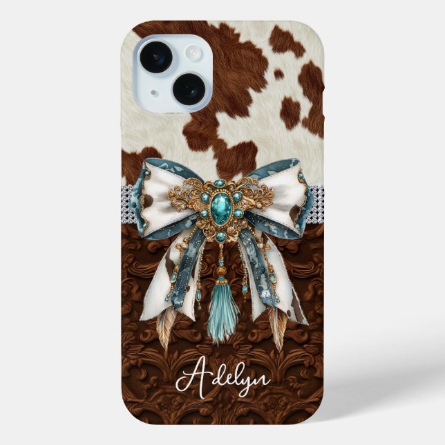 Cowhide Brown Leather Jewelled Bow Case-Mate iPhone Case (Back)