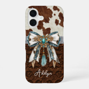Cowhide Brown Leather Jewelled Bow iPhone 16 Case