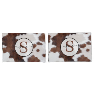 Cowhide Brown White Monogram Pillowcase