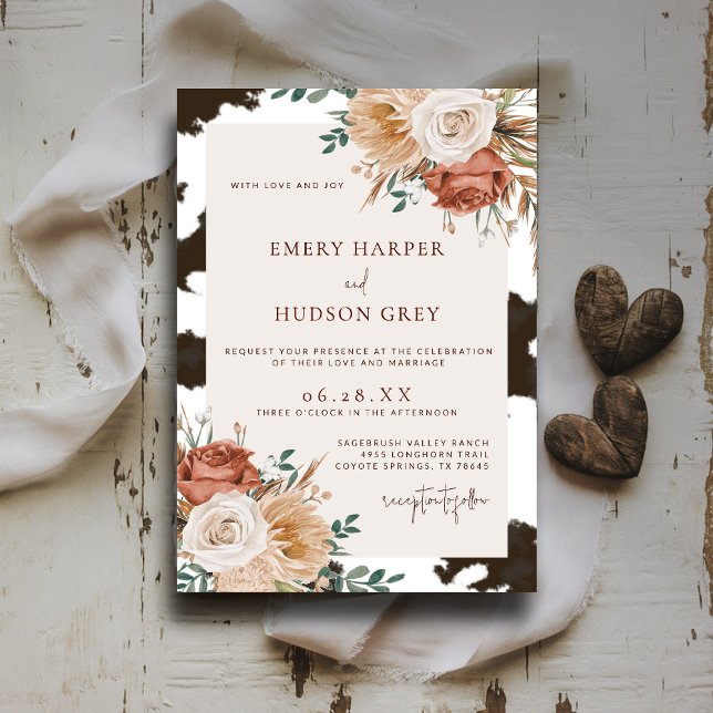 Cowhide Country Western Cowboy Boho Floral Wedding Invitation (western wedding invitation cowhide boho floral ranch country barn terracotta rust watercolor)