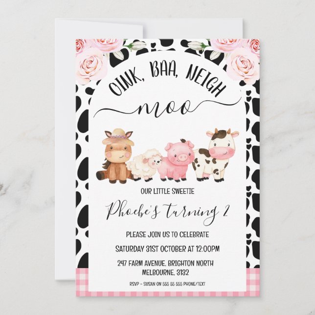 Cowhide Oink Baa Neigh Moo Farm Birthday Invitation (Front)