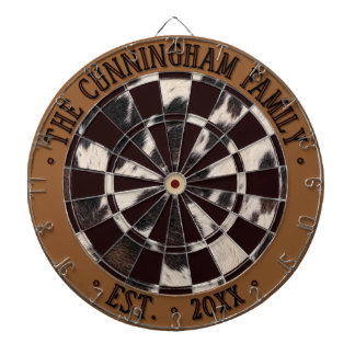 Cowhide Print Pattern, Brown Border And Black Text Dartboard