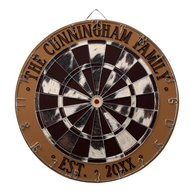 Cowhide Print Pattern, Brown Border And Black Text Dartboard (Front)