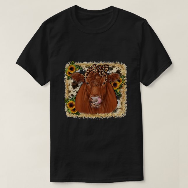 Cowhide Sunflower Red Angus Cow Farmer Life T-Shirt (Design Front)
