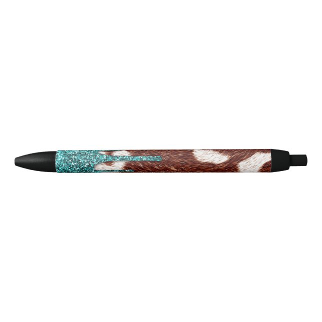 Cowhide with Turquoise Glitter Black Ink Pen (Front)