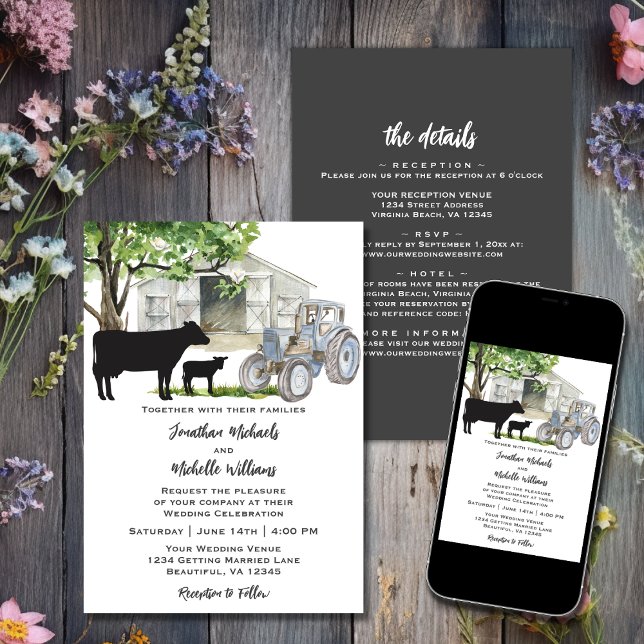 Cows and Tractor Country Farm All in One Wedding Invitation (Printed and Digital - Cows and Tractor Country Farm All in One Wedding Invitation)