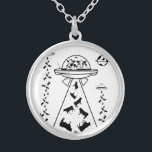 Cows in a UFO spaceship Silver Plated Necklace<br><div class="desc">A funny illustration of cows piloting a UFO. This spaceship is rescuing cows from farms on Earth. A funny conspiracy theory design. The illustration is black and white.</div>