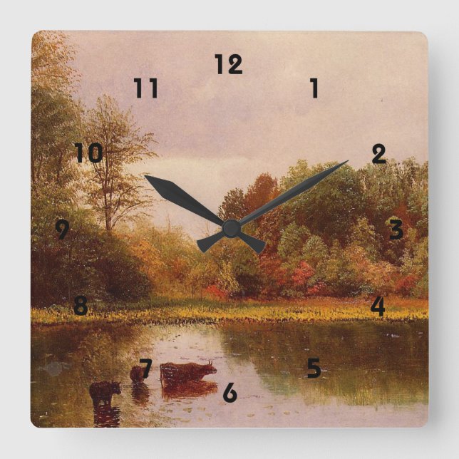 Cows in a Watering Landscape, Albert Bierstadt Square Wall Clock (Front)