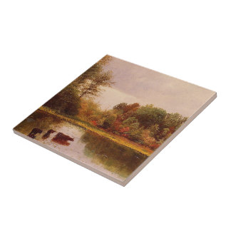 Cows In A Watering Landscape Albert Bierstadt Tile
