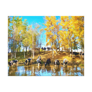 Cows in Autumn at the Pond Canvas Print