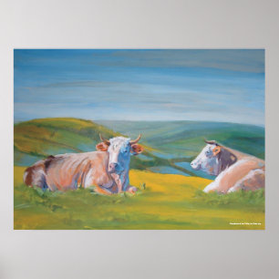 Cows lying down & Landscape Valley painting Poster