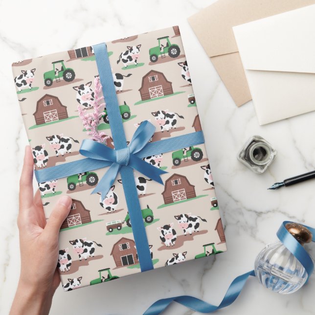 Cows On The Farm Barn and Tractors Tan and Green Wrapping Paper (Gifting)