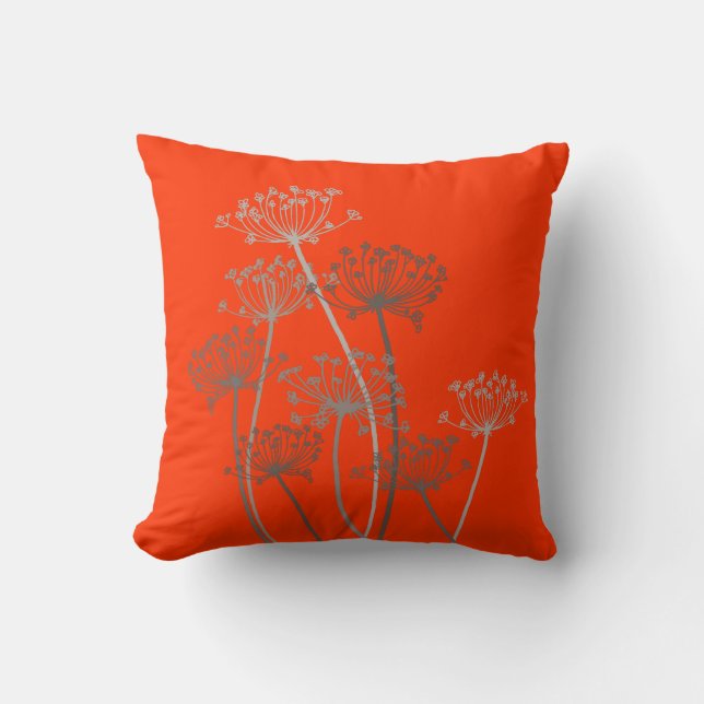 Cows parsley graphic grey brown & orange pillow (Front)