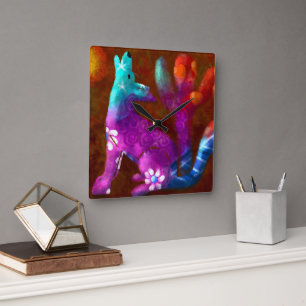 Coyote Abstract Art Saguaro Cactus Desert Brown Square Wall Clock