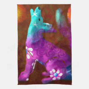 Coyote Abstract Art Saguaro Cactus Desert Brown Tea Towel