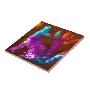 Coyote Abstract Art Saguaro Cactus Desert Brown Tile