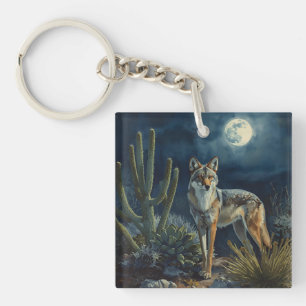 Coyote and Moon Desert Landscape Key Ring
