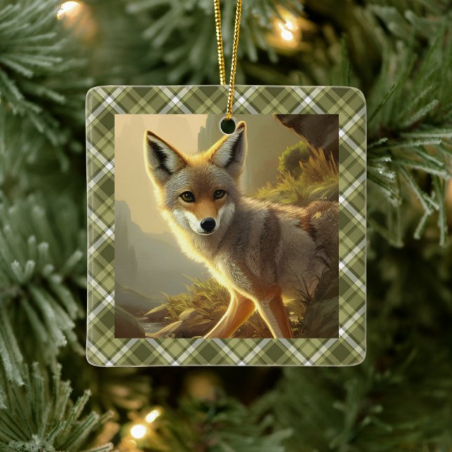 Coyote Pup Wildlife Portrait Personalised   Ceramic Ornament (Tree)