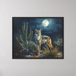 Coyote Under Full Moon Rustic Desert Night Canvas Print