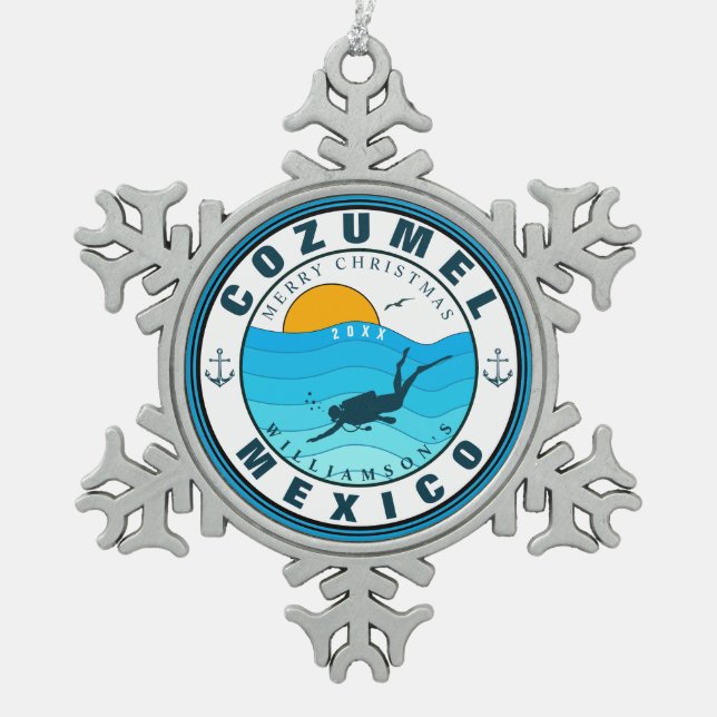 Cozumel Mexico Diving Travel Vacation Souvenir Snowflake Pewter Christmas Ornament (Front)