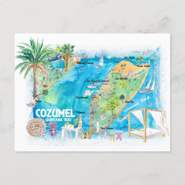 Cozumel Quintana Roo Mexico Illustrated Travel Map Postcard (Front)