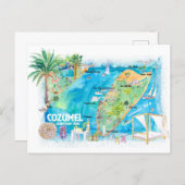 Cozumel Quintana Roo Mexico Illustrated Travel Map Postcard (Front/Back)