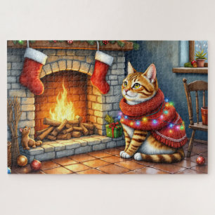 Cozy Abyssinian Cat by Fireplace Christmas Lights Jigsaw Puzzle