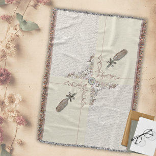 Cozy Aged Ivory Vintage Manuscript Woven Fringe Throw Blanket