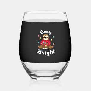 Cozy And Bright Sloth Christmas Lights (2) Stemless Wine Glass