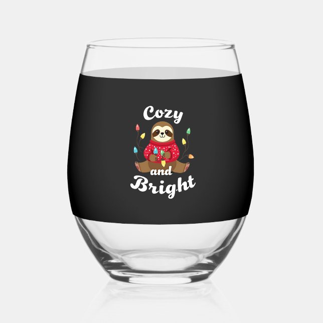 Cozy And Bright Sloth Christmas Lights (2) Stemless Wine Glass (Front)