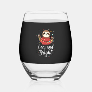 Cozy And Bright Sloth Christmas Lights (4) Stemless Wine Glass