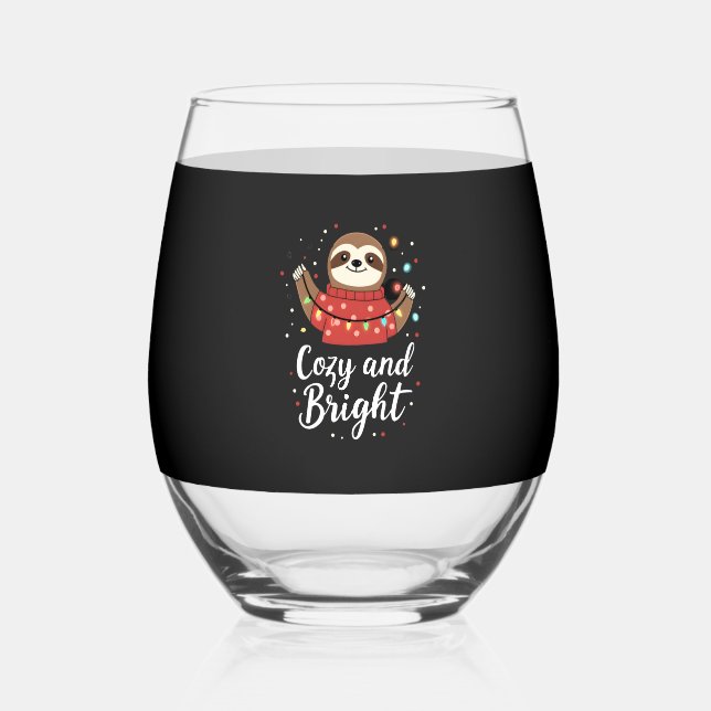 Cozy And Bright Sloth Christmas Lights (4) Stemless Wine Glass (Front)