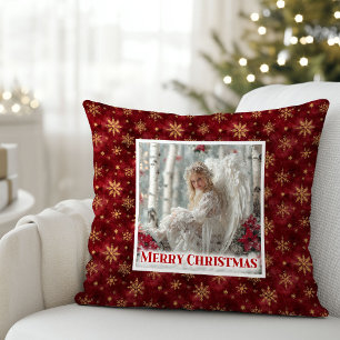 Cozy Angel Poinsettia Red Gold Festive Christmas Cushion