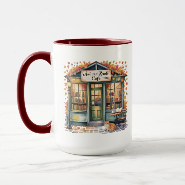 Cozy Autumn Book Café Mug — Open Book & Lantern  (Left)