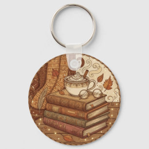Cozy Autumn Books and Coffee Illustration Key Ring