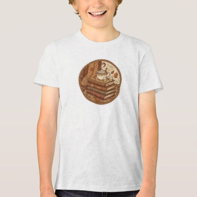 Cozy Autumn Books and Coffee Illustration Tri-Blend Shirt (Front)