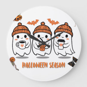 Cozy Autumn Coffee Ghosts – Halloween Large Clock