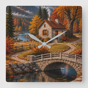 Cozy Autumn Cottage Wall Clock – Stone Bridge,