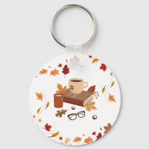 Cozy Autumn Fall Leaves Coffee Book Lover Keychain