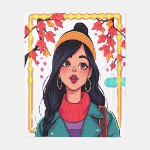 Cozy Autumn Girl Under the Leaves – Art Blanket
